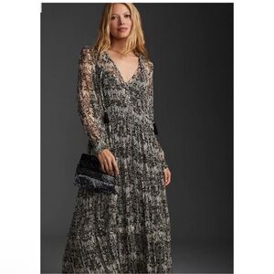 Anthro Marais Black White Floral Maxi Dress XS Boho Sheer Long Sleeve